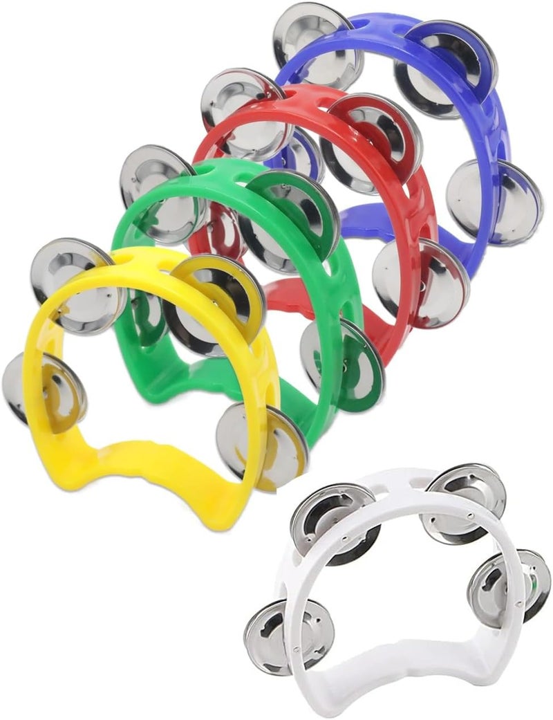 luvilly5 Pack Plastic Tambourines, Handheld Mini Hand Bell Percussion Musical Rhythm Instruments, Colored Mini Tambourine for School and Party - Image 1